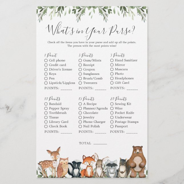 Skogsdjur Babyskåda Vad är i din handväska? (Framsida)