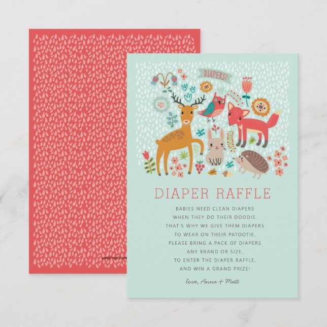 Skogsdjur Babyskor Diaper Raffle Inbjudningar (Fram/baksida)