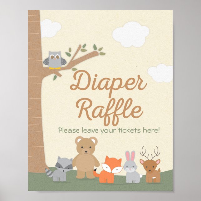 Skogsdjur babyskor Diaper Raffle Sign Poster (Framsidan)