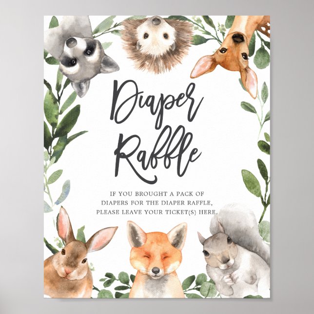 Skogsdjur babyskor Diaper Raffle Sign Poster (Framsidan)