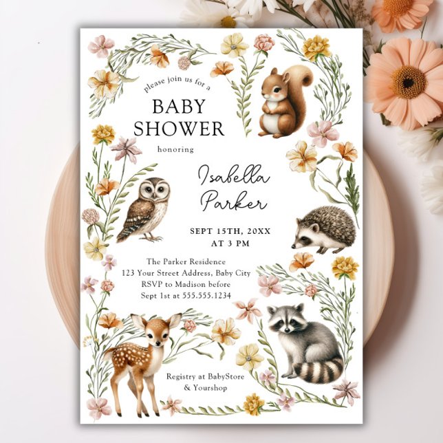Skogsdjur, babyskor inbjudningar (Woodland Forest Animals Baby Shower Invitation)
