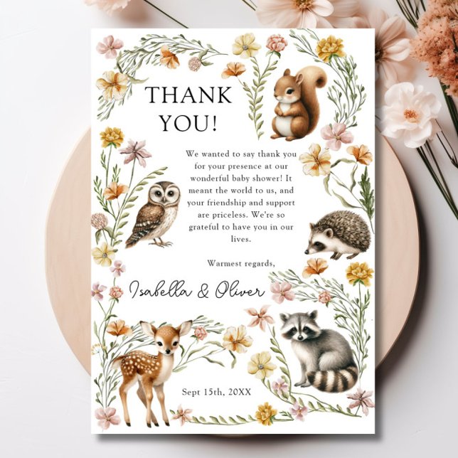 Skogsdjur, babyskor - tack för ditt kort (Woodland Forest Animals Baby Shower Thank You Card)