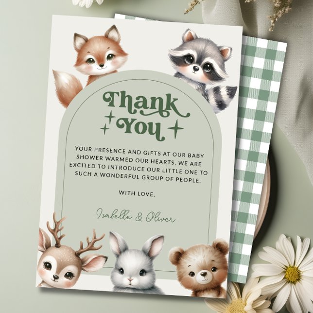Skogsdjur, babyskor - tack för ditt kort (Woodland Forest Animals Baby Shower Thank You Card)