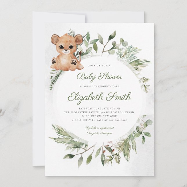 Skogsdjur Bear Greenery Baby Shower-inbjudan Inbjudningar (Framsida)