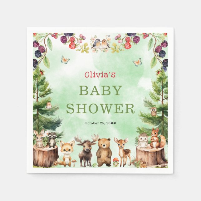 Skogsdjur Berry Flowers Baby Shower Pappersservett (Framsidan)