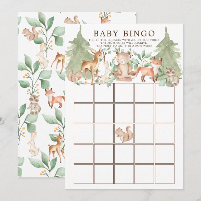 Skogsdjur BINGO Baby Shower Game Inbjudningar (Fram/baksida)