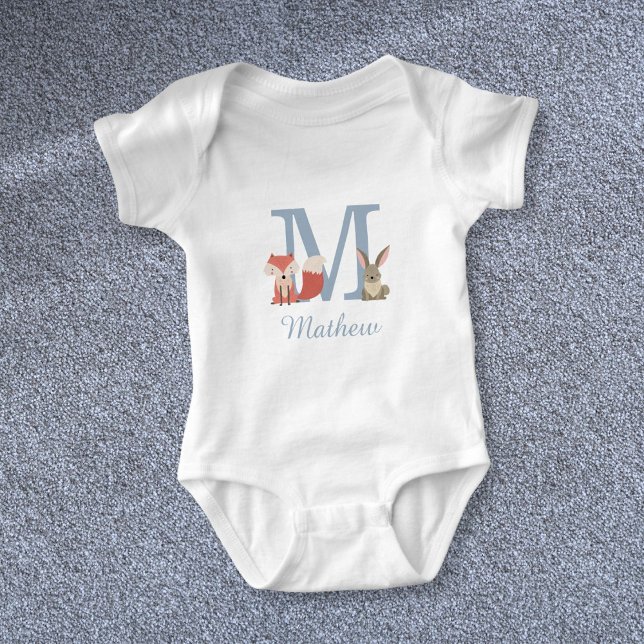 Skogsdjur Blå Baby Pojke Initial Monogram T Shirt (Woodland Animals Blue Baby Boy Initial Monogram Baby Bodysuit)