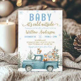 SkogsDjur Blå Lastbil Vinter Baby Shower Inbjudningar