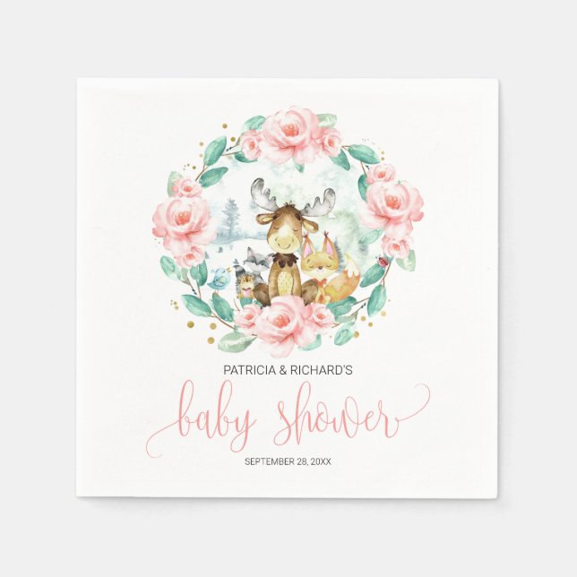 Skogsdjur Blommig Grönska Baby Shower Pappersservett (Framsidan)