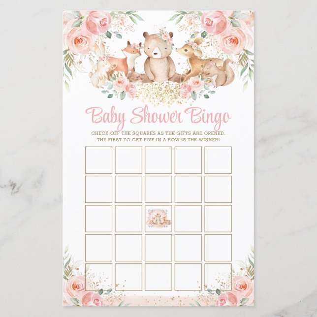 Skogsdjur  Blommigt Baby Shower Bingo (Framsida)