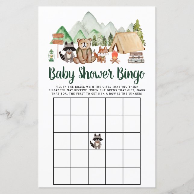 Skogsdjur Camping Baby Shower Bingo Game (Framsida)