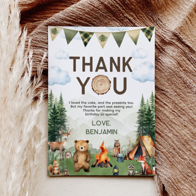 Skogsdjur Camping Birthday Tack Kort (Woodland Animals Camping Birthday Thank You Card
)