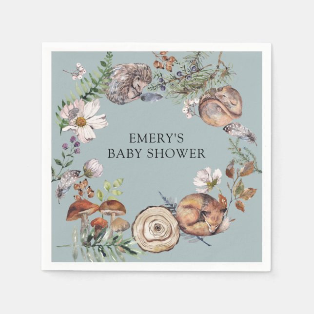 Skogsdjur Damblå Baby Shower Pappersservett (Framsidan)