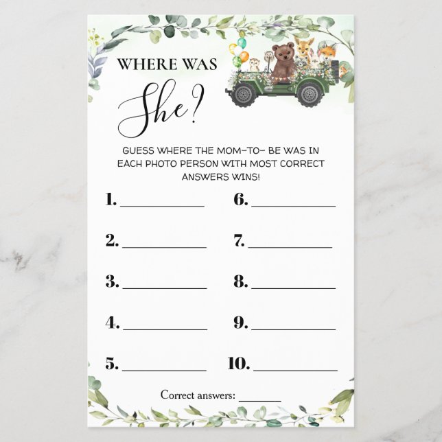 Skogsdjur där Mamma Shower Game Card fanns Flygblad (Framsidan)