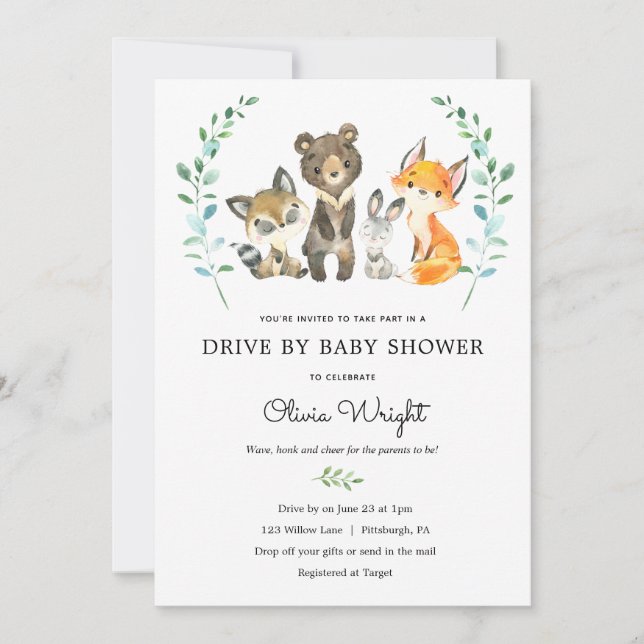 Skogsdjur Drive By Baby Shower Inbjudningar (Framsida)