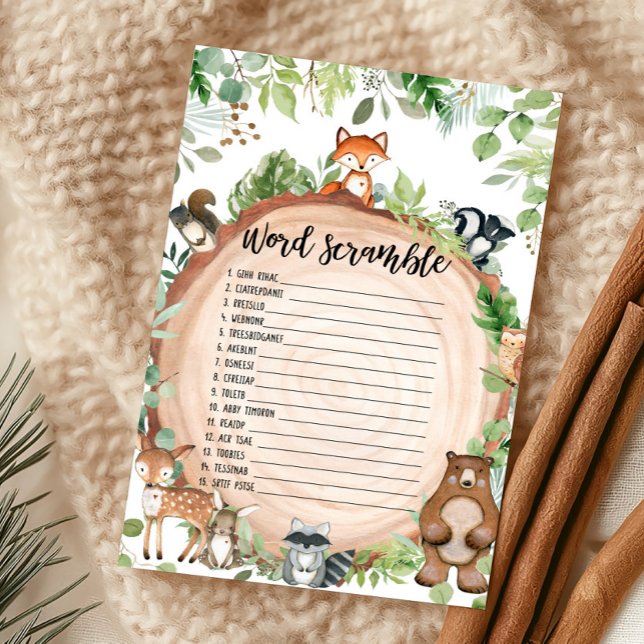 SkogsDjur Dusch Ordkryss Spel (Wood Slice Woodland Baby Shower Word Scramble Game)