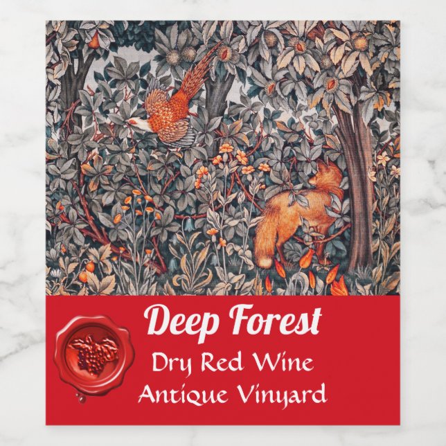 SKOGSDJUR Fasan Röd Räv,Grå Blommig Vinflaska Etikett (Singel etikett)