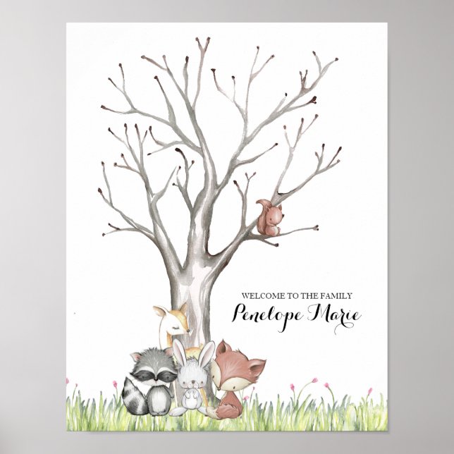 Skogsdjur fingeravtryck baby shower-plakat poster (Framsidan)