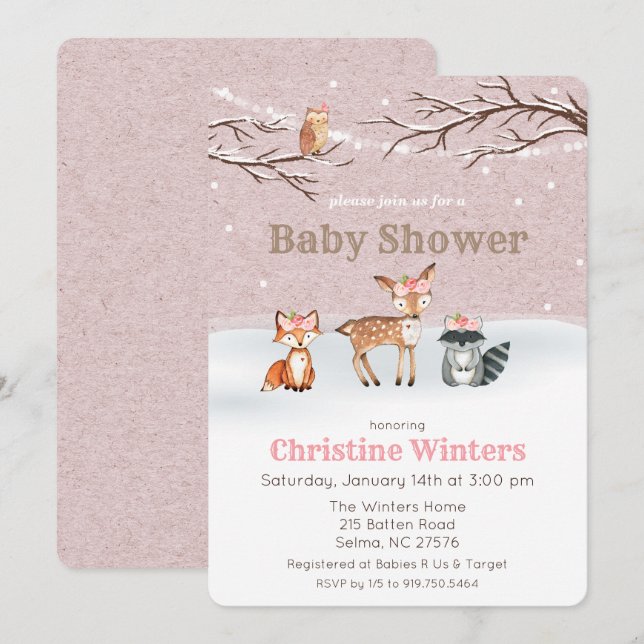 Skogsdjur Flicka Baby Shower Inbjudan (Fram/baksida)