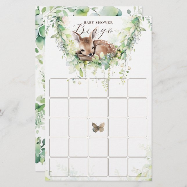 Skogsdjur Forest Greenery Baby Shower Bingo (Fram/baksida)