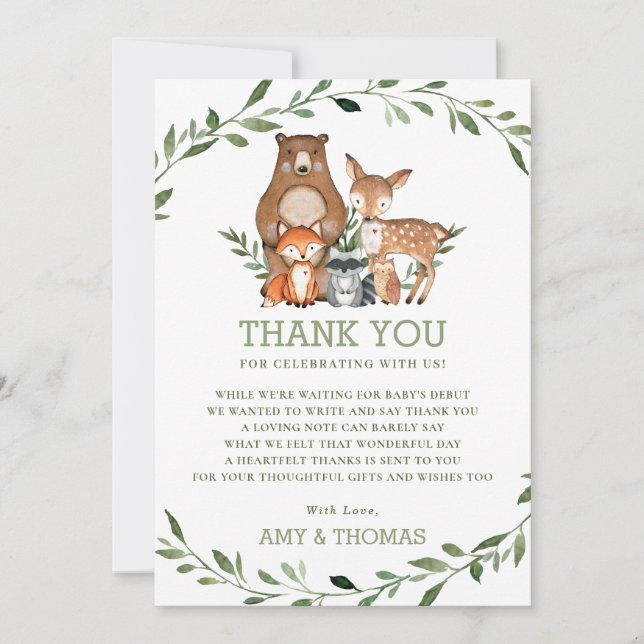 Skogsdjur Forest Greenery Baby Shower Chic Tack Kort (Framsida)