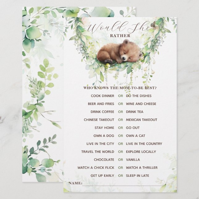 Skogsdjur Forest Greenery Baby Shower Game (Fram/baksida)