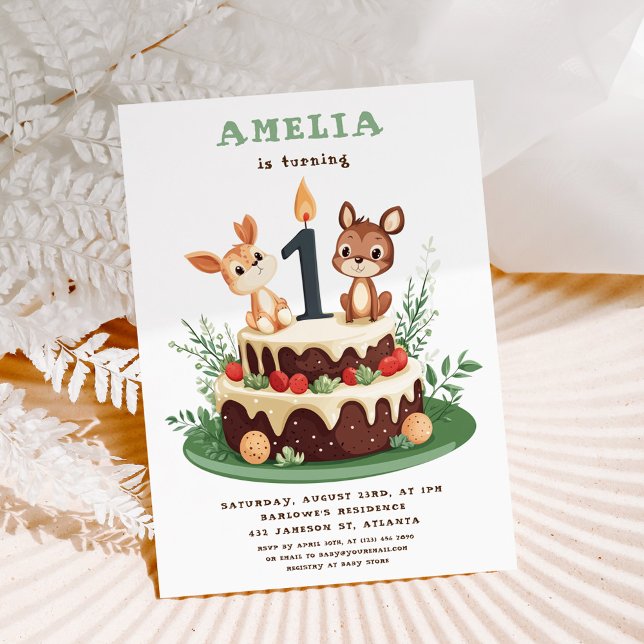 Skogsdjur - första födelsedag inbjudningar (Woodland Forest Animals Child's First Birthday Invitation)