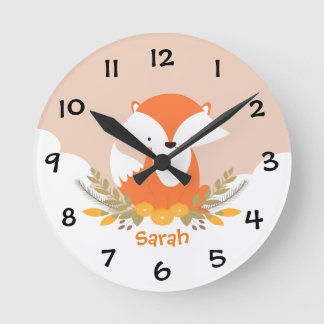 Skogsdjur Fox Kids Nursery Wall Clock Rund Klocka