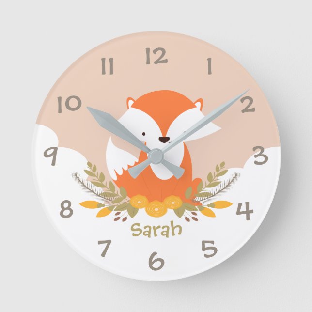 Skogsdjur Fox Kids Nursery Wall Clock Rund Klocka (Framsida)