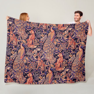 SKOGSDJUR,FOX,PEACOCK, HARE ROSA BLUE-BLOMMIGT FLEECEFILT