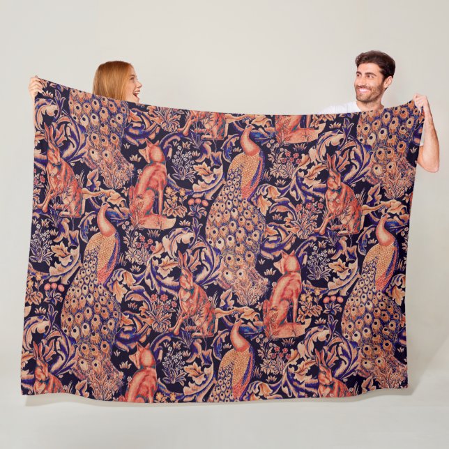 SKOGSDJUR,FOX,PEACOCK, HARE ROSA BLUE-BLOMMIGT FLEECEFILT (På plats)