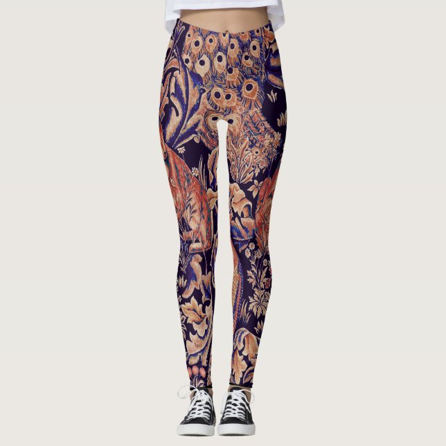 SKOGSDJUR,FOX,PEACOCK, HARE ROSA BLUE-BLOMMIGT LEGGINGS (Framsida)