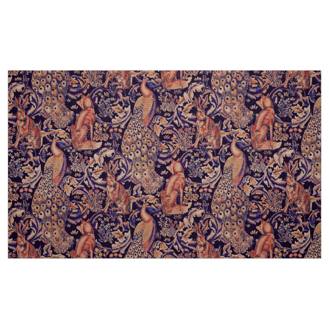 SKOGSDJUR, FOX, PEACOCK,HARE,ROSA BLUE-BLOMMIGT TYG (Fat Quarter)