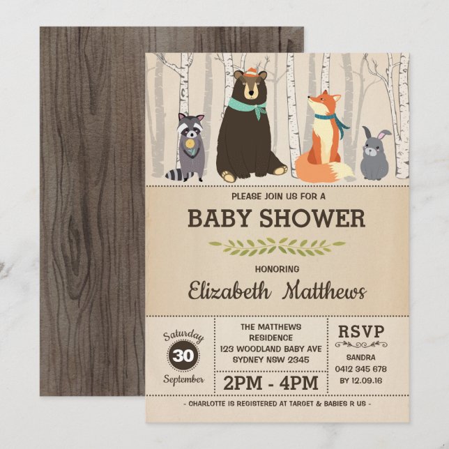 Skogsdjur från Rustic Woodland Baby Shower Forest  Inbjudningar (Fram/baksida)