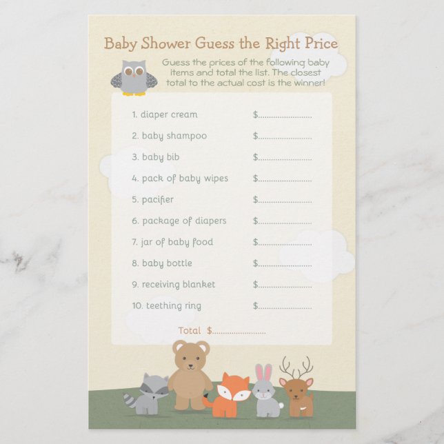 Skogsdjur Gissa Priset Baby Shower Game Flygblad (Framsidan)