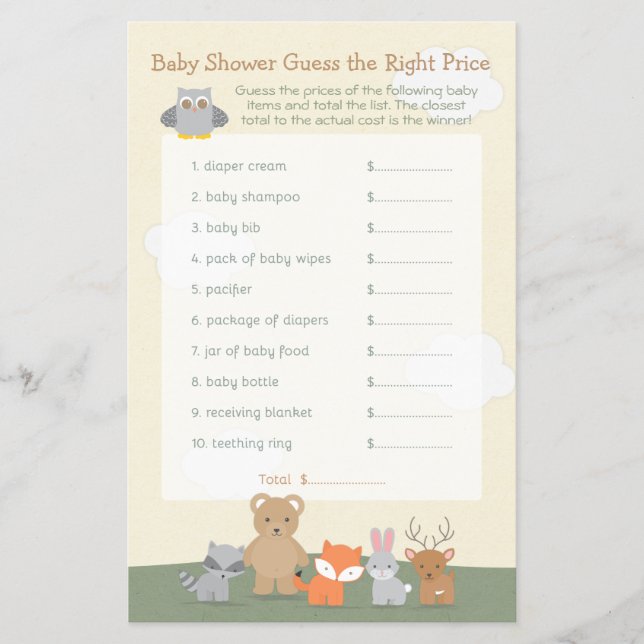 Skogsdjur Gissa Priset Baby Shower Game Flygblad (Framsidan)