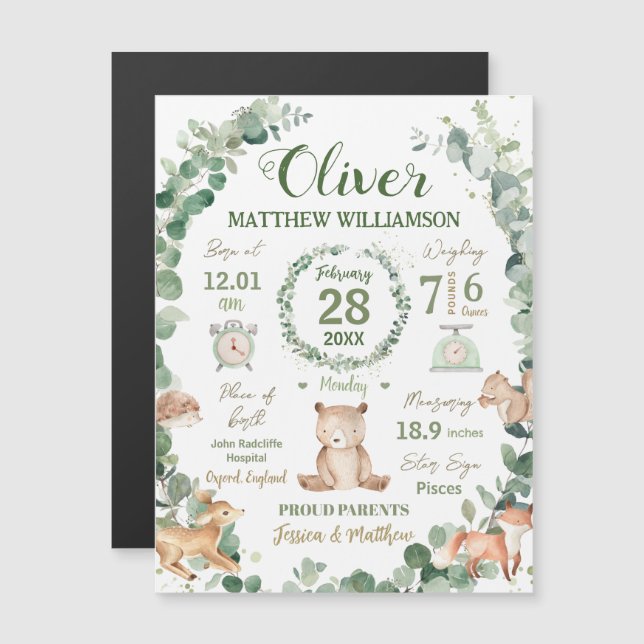 Skogsdjur Greenery Baby Birth Print Stats (Fram/baksida)