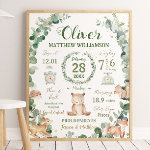 Skogsdjur Greenery Baby Birth Print Stats Poster