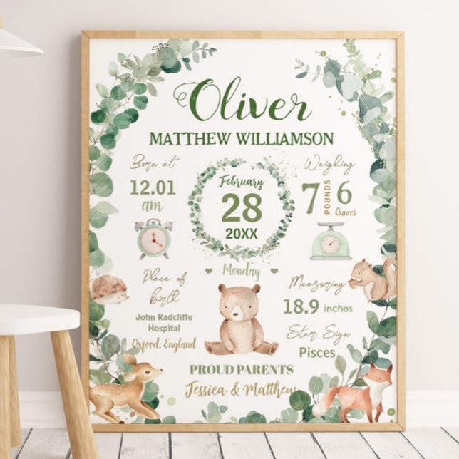 Skogsdjur Greenery Baby Birth Print Stats Poster (Skapare uppladdad)