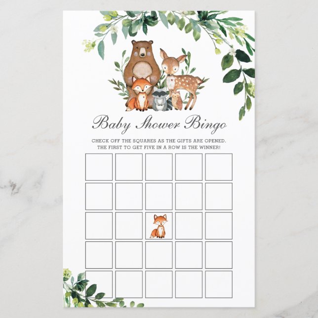Skogsdjur Greenery Baby Shower Bingo Game (Framsida)