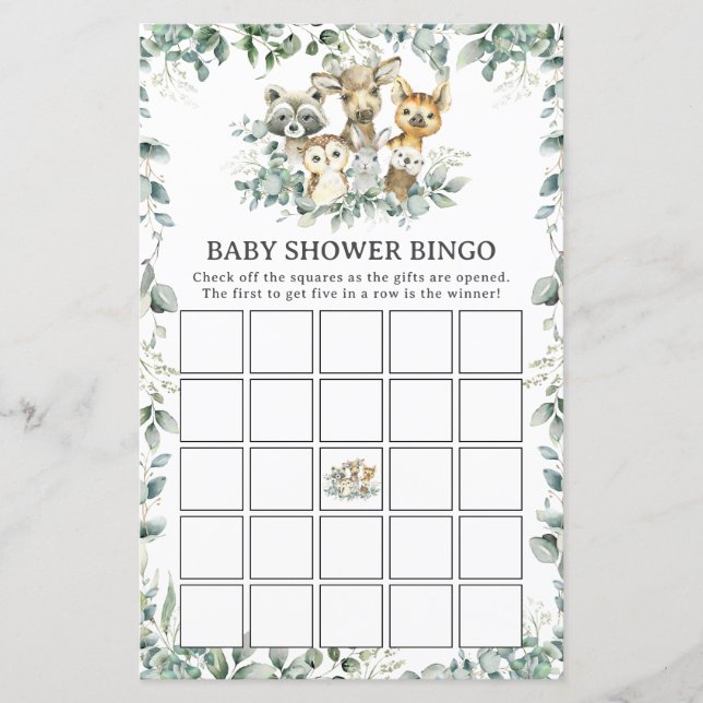 Skogsdjur Greenery Baby Shower Bingo Game (Framsida)
