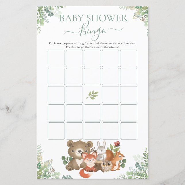 Skogsdjur Greenery Baby Shower Bingo Game (Framsida)