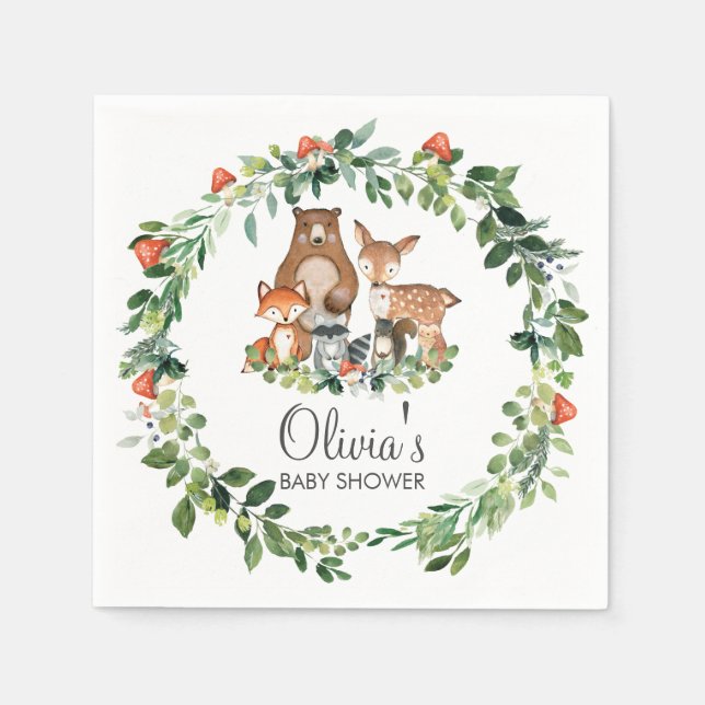 Skogsdjur Greenery Baby Shower Birthday Pappersservett (Framsidan)