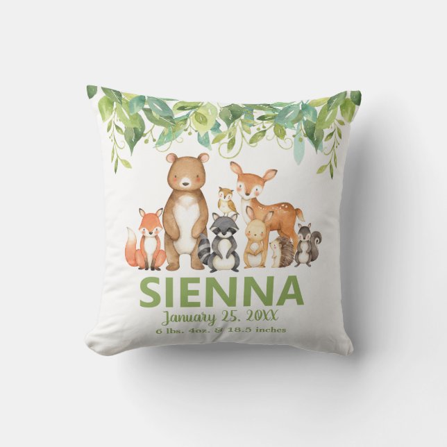 Skogsdjur Greenery Birth Stats Room Decor Kudde (Framsida)