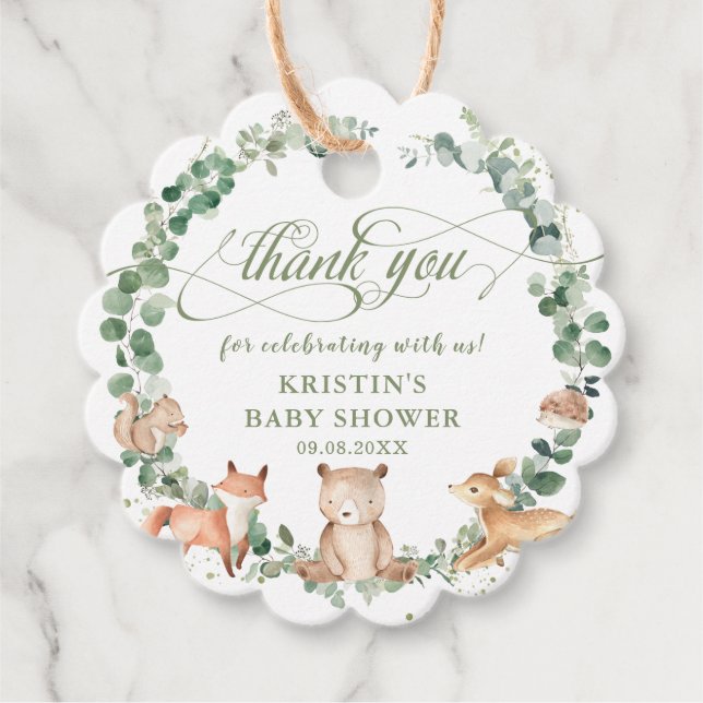 Skogsdjur Greenery Birthday Baby Shower Fa Gåvor Etiketter (Framsida)
