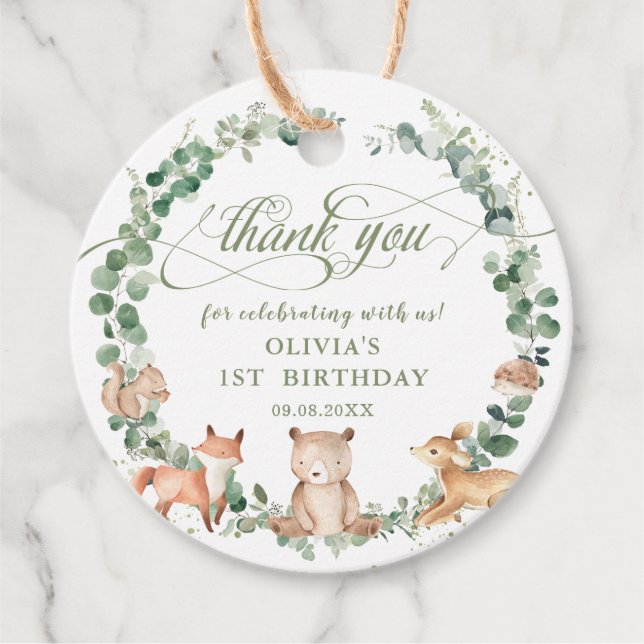 Skogsdjur Greenery Birthday Baby Shower Gåvor Etiketter (Framsida)