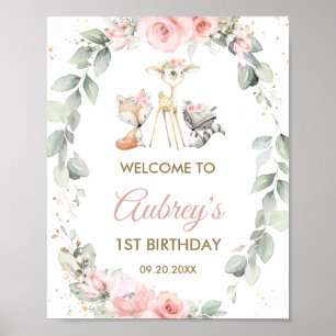 Skogsdjur Greenery Blommigt Birthday Välkommen Poster