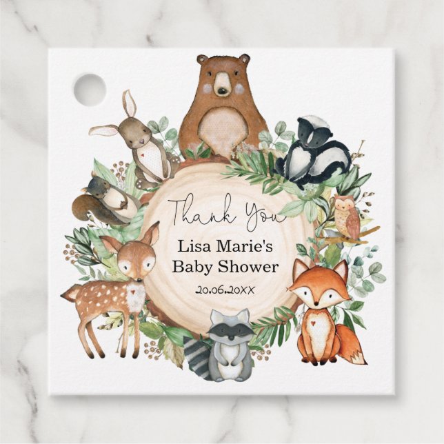 Skogsdjur Greenery Forest Baby Shower Party Gåvor Etiketter (Framsida)