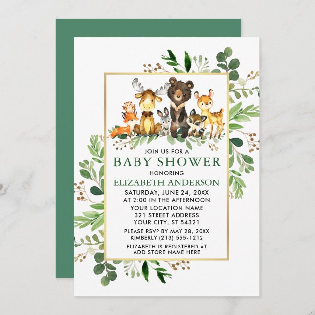 Skogsdjur Greenery Guld Ram Baby Shower Inbjudningar (Fram/baksida)
