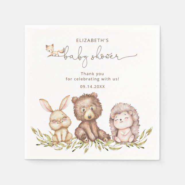 Skogsdjur Greenery Neutralt Baby Shower Pappersservett (Framsidan)